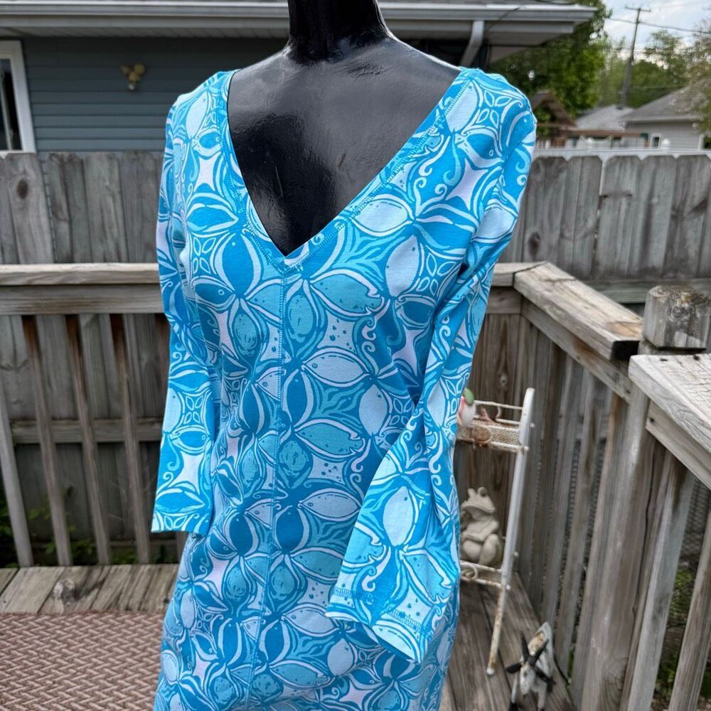 Lilly Pulitzer Juliet V-Neck Dress What A Racquet Ariel Blue Fish Pima Cotton - Picture 3 of 4